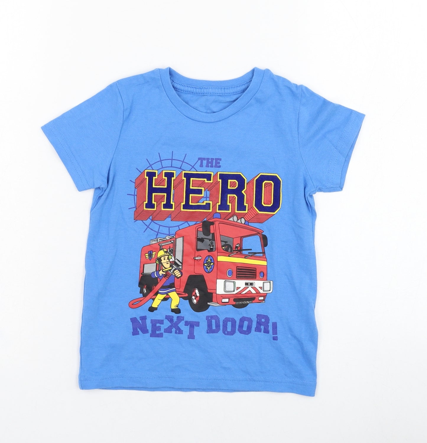 Marks and Spencer Boys Blue  Cotton Basic T-Shirt Size 2-3 Years Round Neck Pullover - Fireman Sam