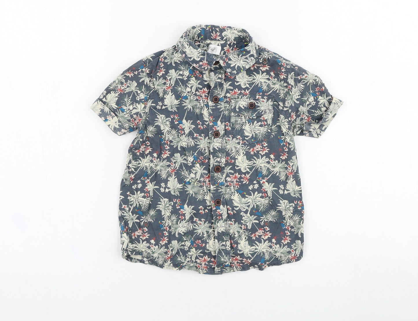 F&F Boys Green Floral Cotton Basic Button-Up Size 2-3 Years Collared Button