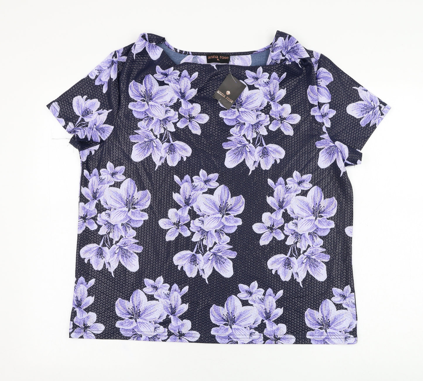 Anna Rose Womens Blue Floral Polyester Basic T-Shirt Size XL Cowl Neck