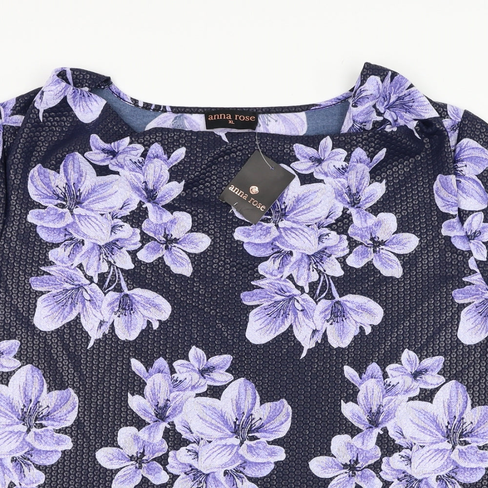 Anna Rose Womens Blue Floral Polyester Basic T-Shirt Size XL Cowl Neck