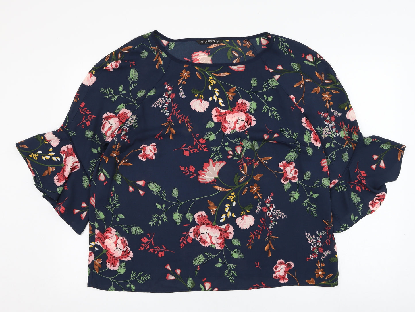 Dunnes Stores Womens Blue Floral Polyester Basic Blouse Size 16 Round Neck