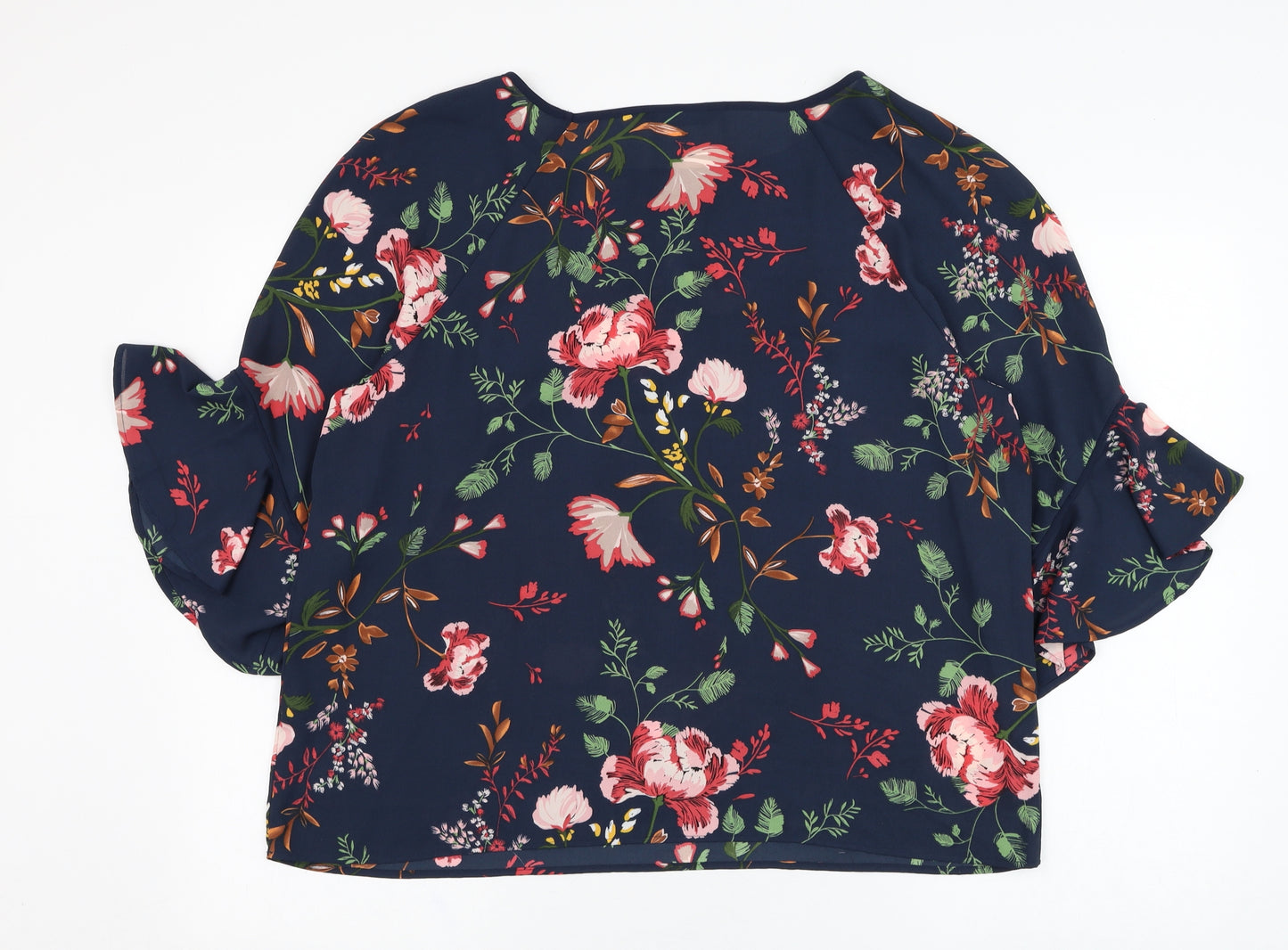 Dunnes Stores Womens Blue Floral Polyester Basic Blouse Size 16 Round Neck