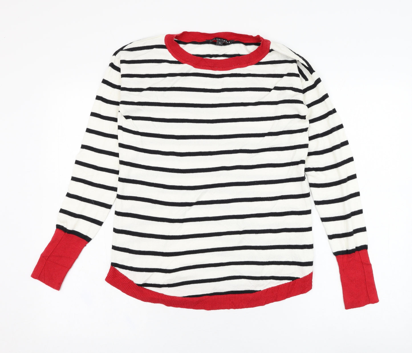 Bonmarché Womens White Round Neck Striped Cotton Pullover Jumper Size 10