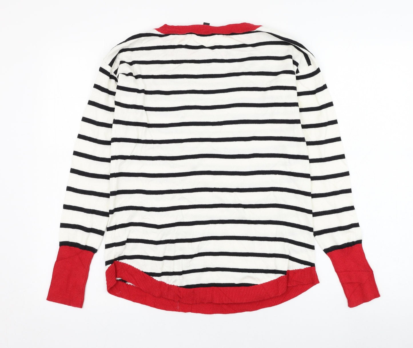 Bonmarché Womens White Round Neck Striped Cotton Pullover Jumper Size 10