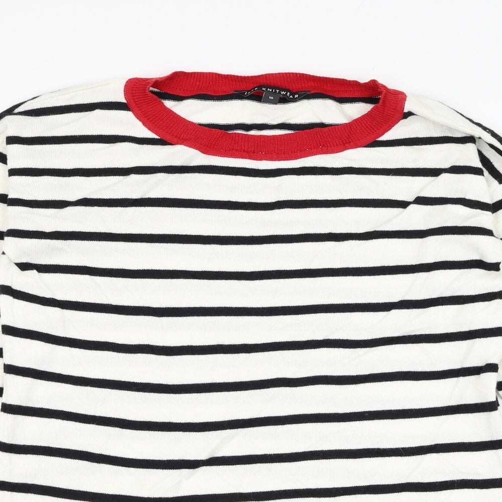 Bonmarché Womens White Round Neck Striped Cotton Pullover Jumper Size 10