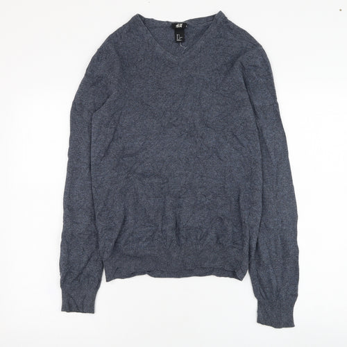 H&M Mens Blue V-Neck  Cotton Pullover Jumper Size S