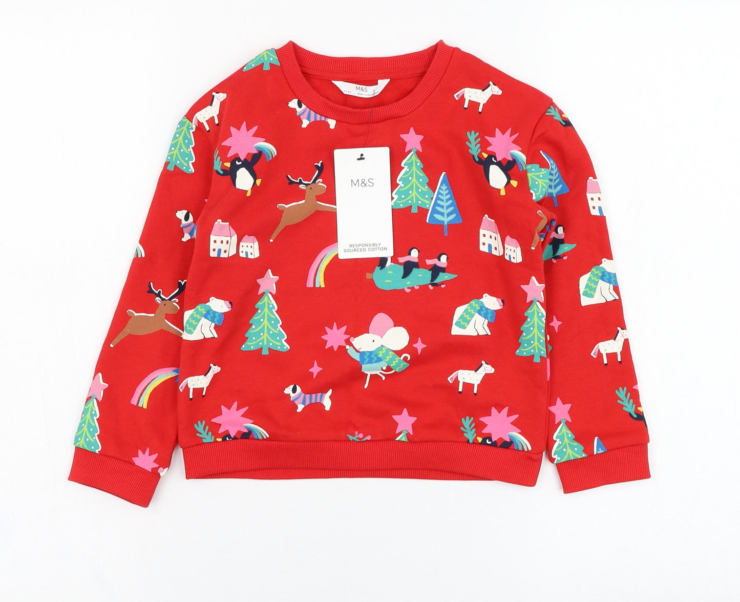 Marks and Spencer Girls Red  Cotton Pullover Sweatshirt Size 4-5 Years  Pullover - Christmas