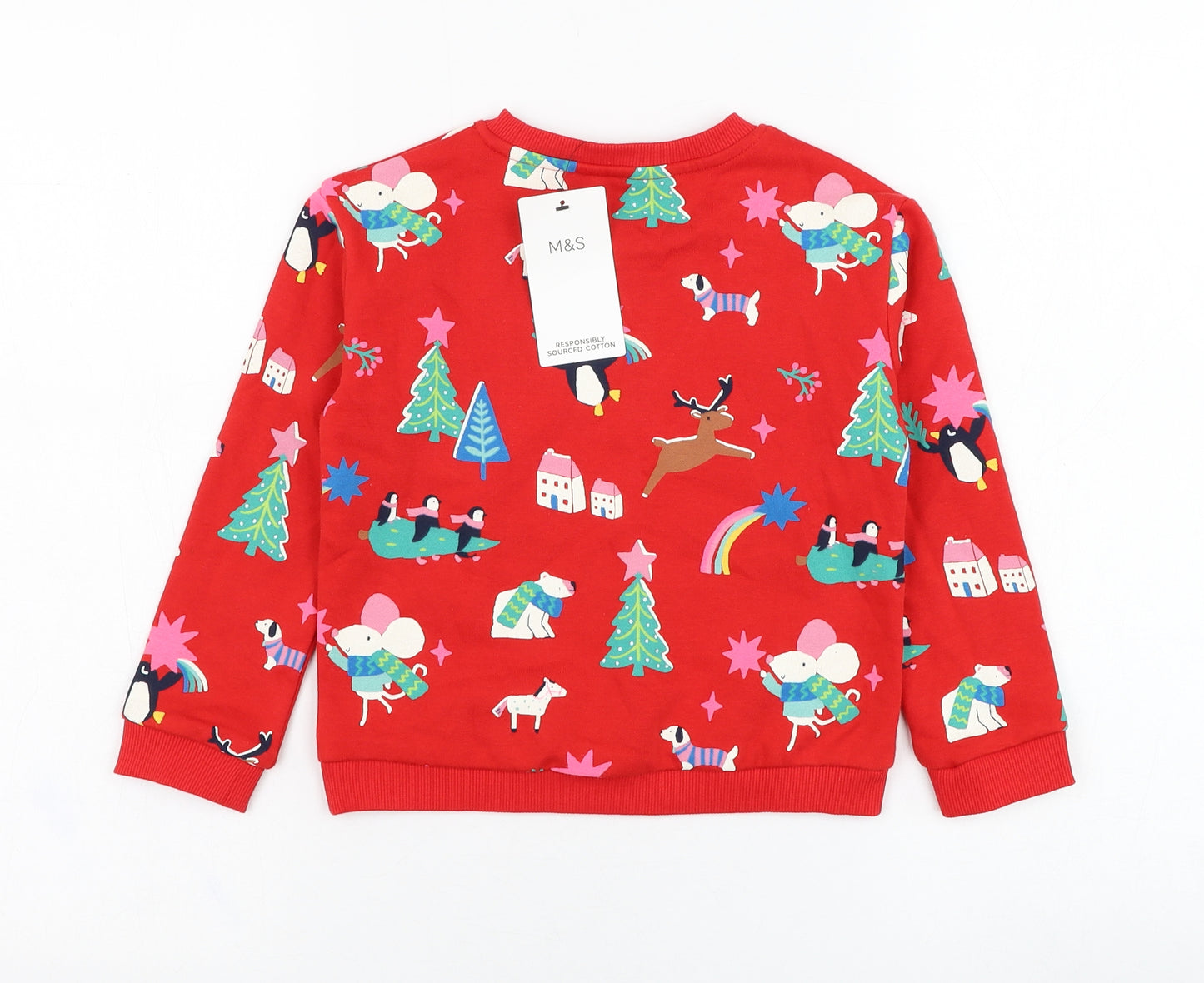 Marks and Spencer Girls Red  Cotton Pullover Sweatshirt Size 4-5 Years  Pullover - Christmas