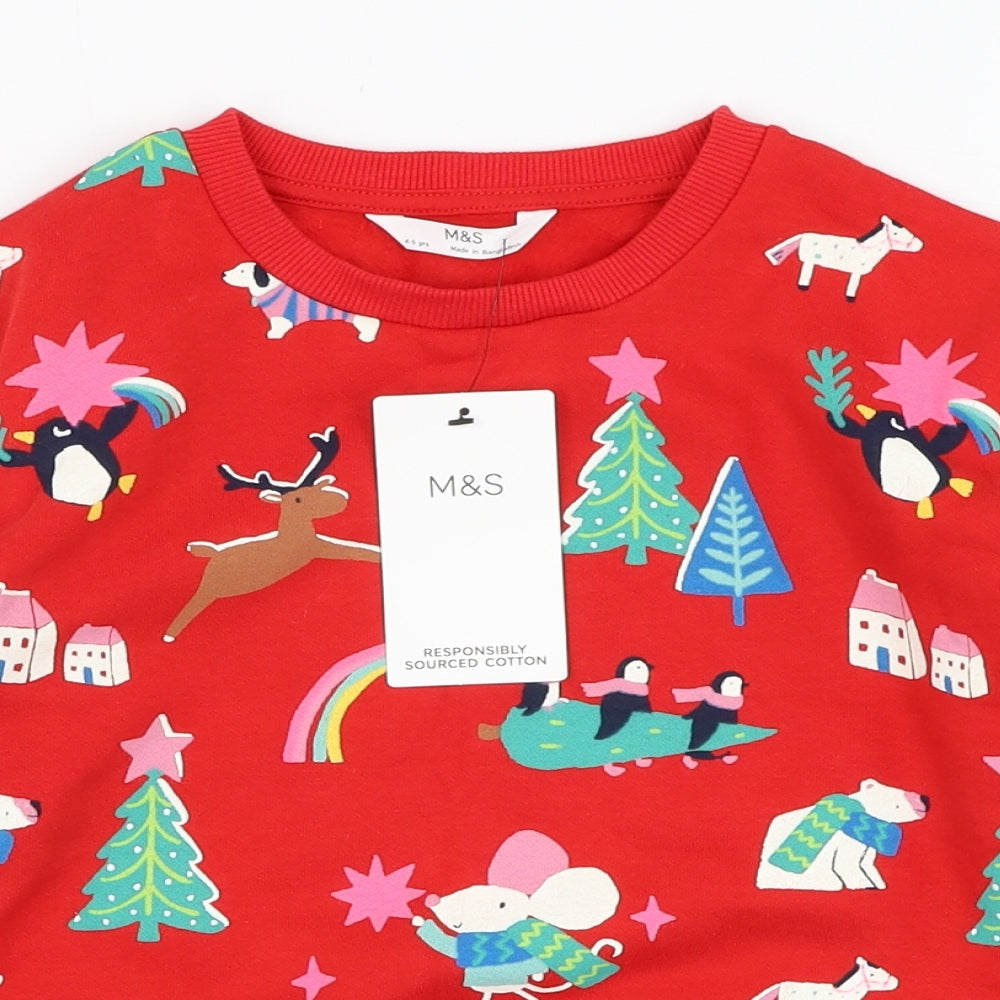 Marks and Spencer Girls Red  Cotton Pullover Sweatshirt Size 4-5 Years  Pullover - Christmas