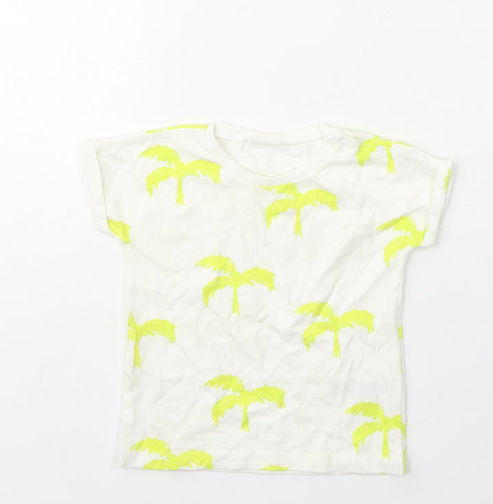 Next Girls Ivory Cotton Basic T-Shirt Size 6-9 Months Crew Neck - Palm Tree Print