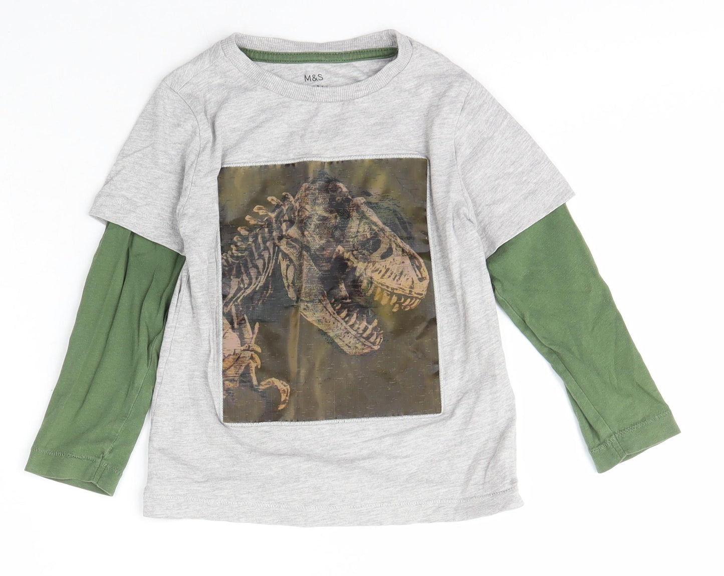 Marks and Spencer Boys Grey  Cotton Basic T-Shirt Size 2-3 Years Crew Neck  - Dinosaur