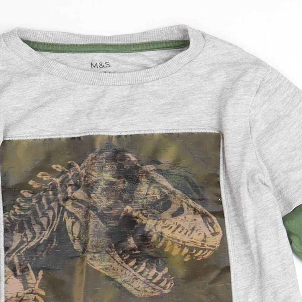Marks and Spencer Boys Grey  Cotton Basic T-Shirt Size 2-3 Years Crew Neck  - Dinosaur