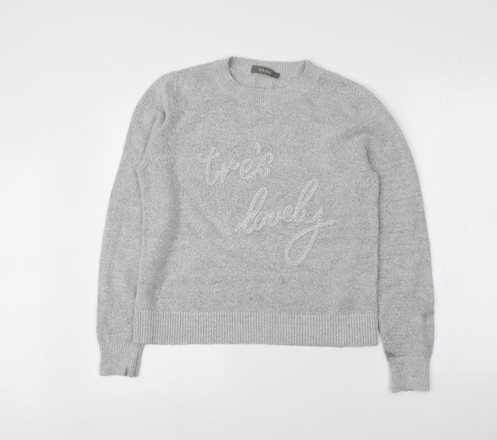 Oasis Womens Grey Round Neck  Acrylic Pullover Jumper Size M