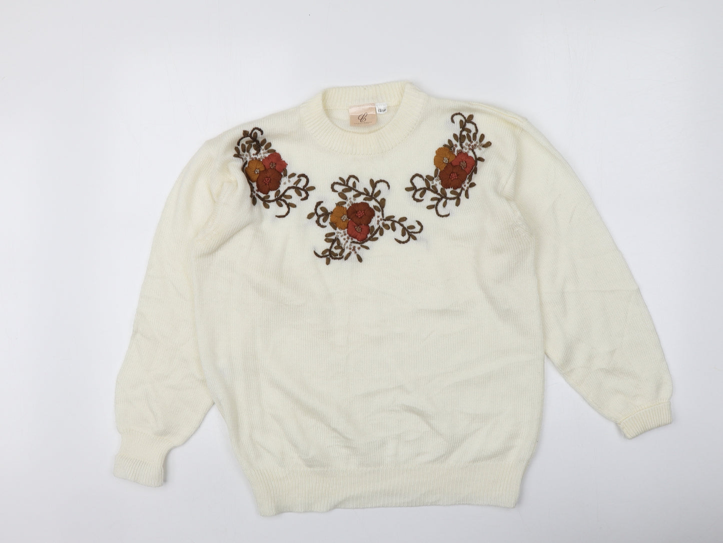 Compliments Womens Ivory Round Neck Floral Acrylic Pullover Jumper Size 10