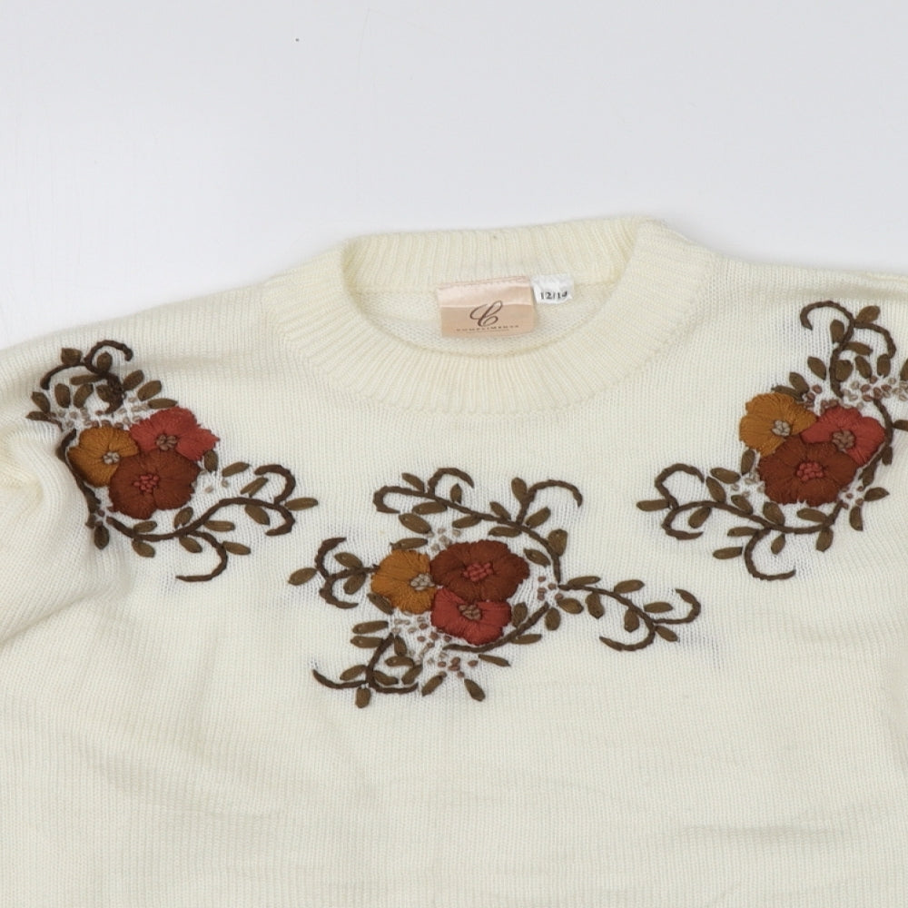 Compliments Womens Ivory Round Neck Floral Acrylic Pullover Jumper Size 10