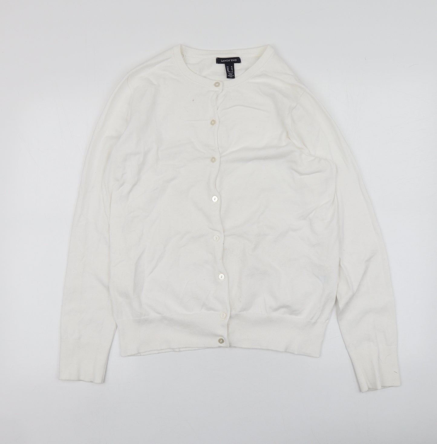 Lands' End Womens Ivory Round Neck  Cotton Cardigan Jumper Size M