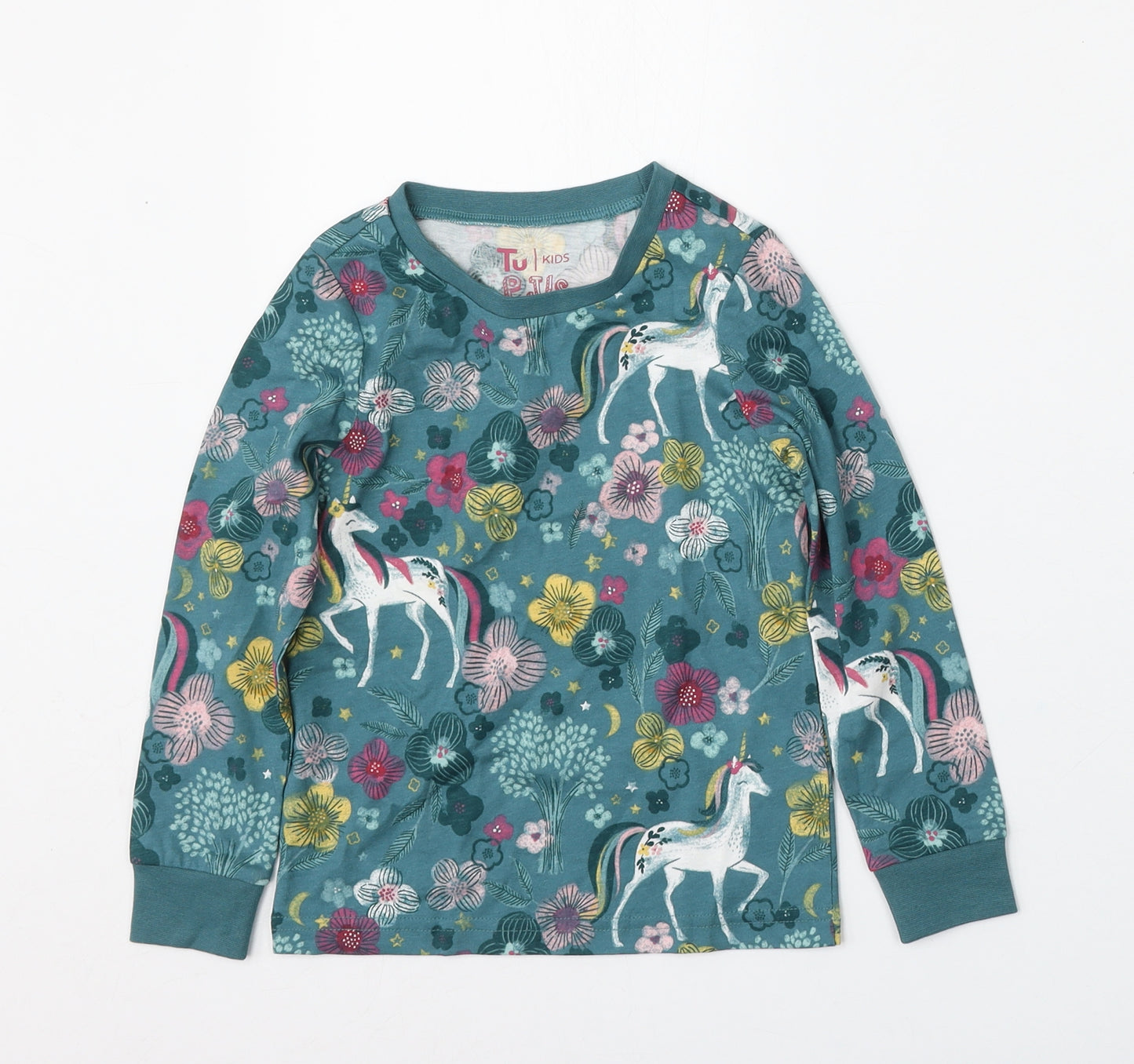 TU Girls Blue Geometric Cotton Basic T-Shirt Size 3-4 Years Round Neck