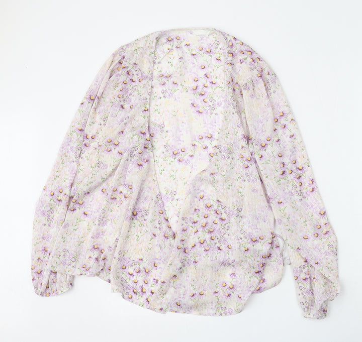 H&M Womens Purple Round Neck Floral Polyester Cardigan Jumper Size L