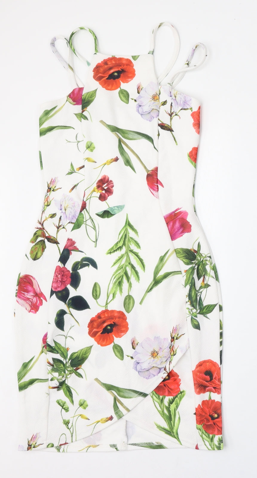 Preworn Womens White Floral Polyester Bodycon  Size 8  Round Neck