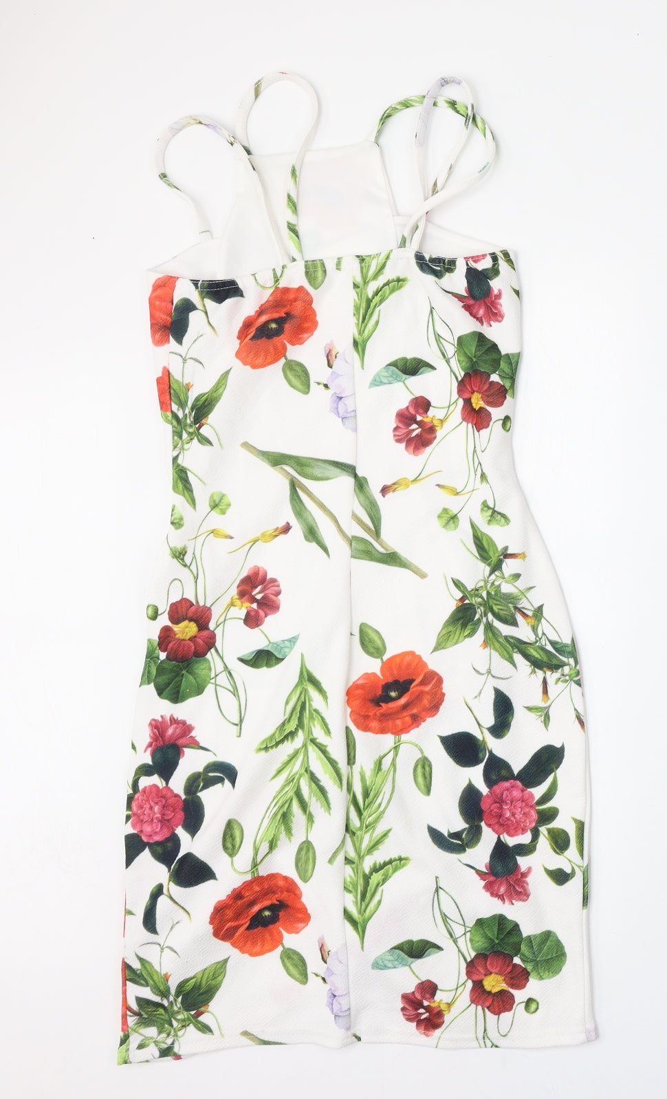 Preworn Womens White Floral Polyester Bodycon  Size 8  Round Neck