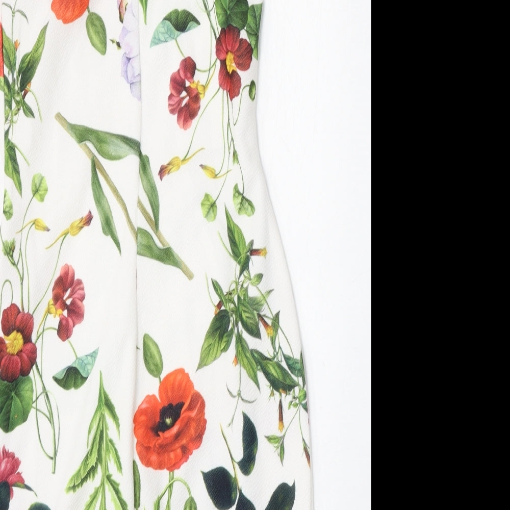 Preworn Womens White Floral Polyester Bodycon  Size 8  Round Neck