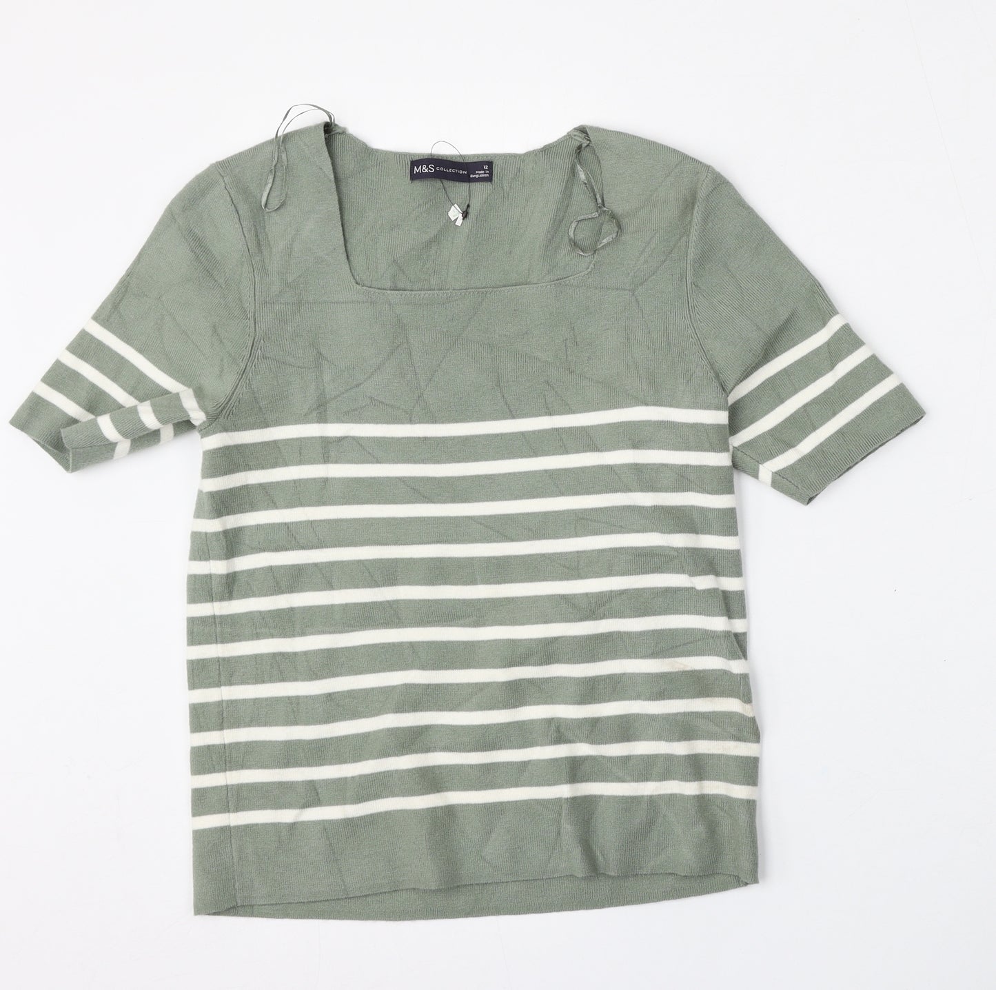 Marks and Spencer Womens Green V-Neck Striped Viscose Pullover Jumper Size 12