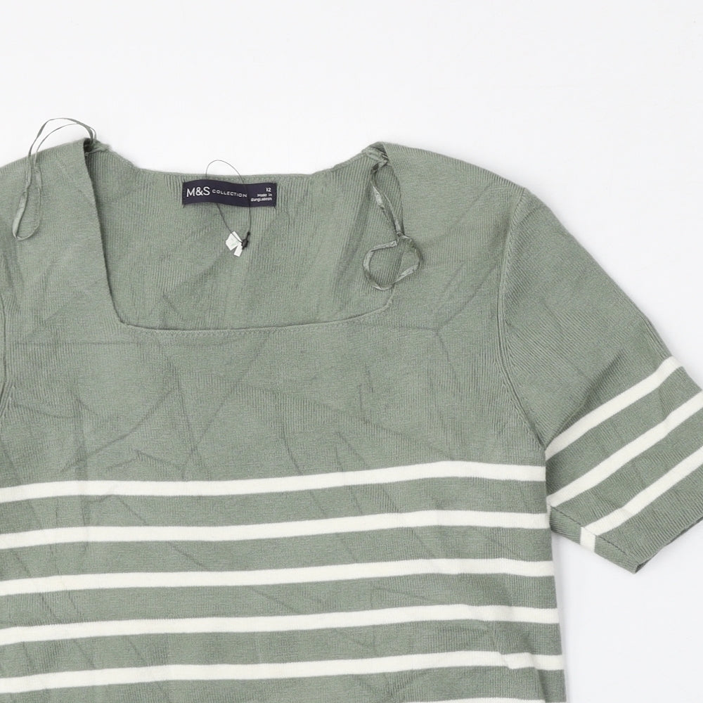 Marks and Spencer Womens Green V-Neck Striped Viscose Pullover Jumper Size 12