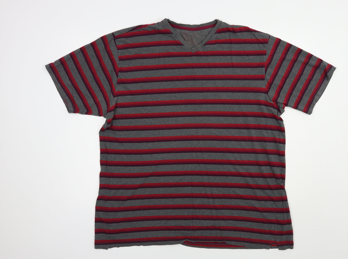 Marks and Spencer Mens Grey Striped Cotton  T-Shirt Size 2XL V-Neck