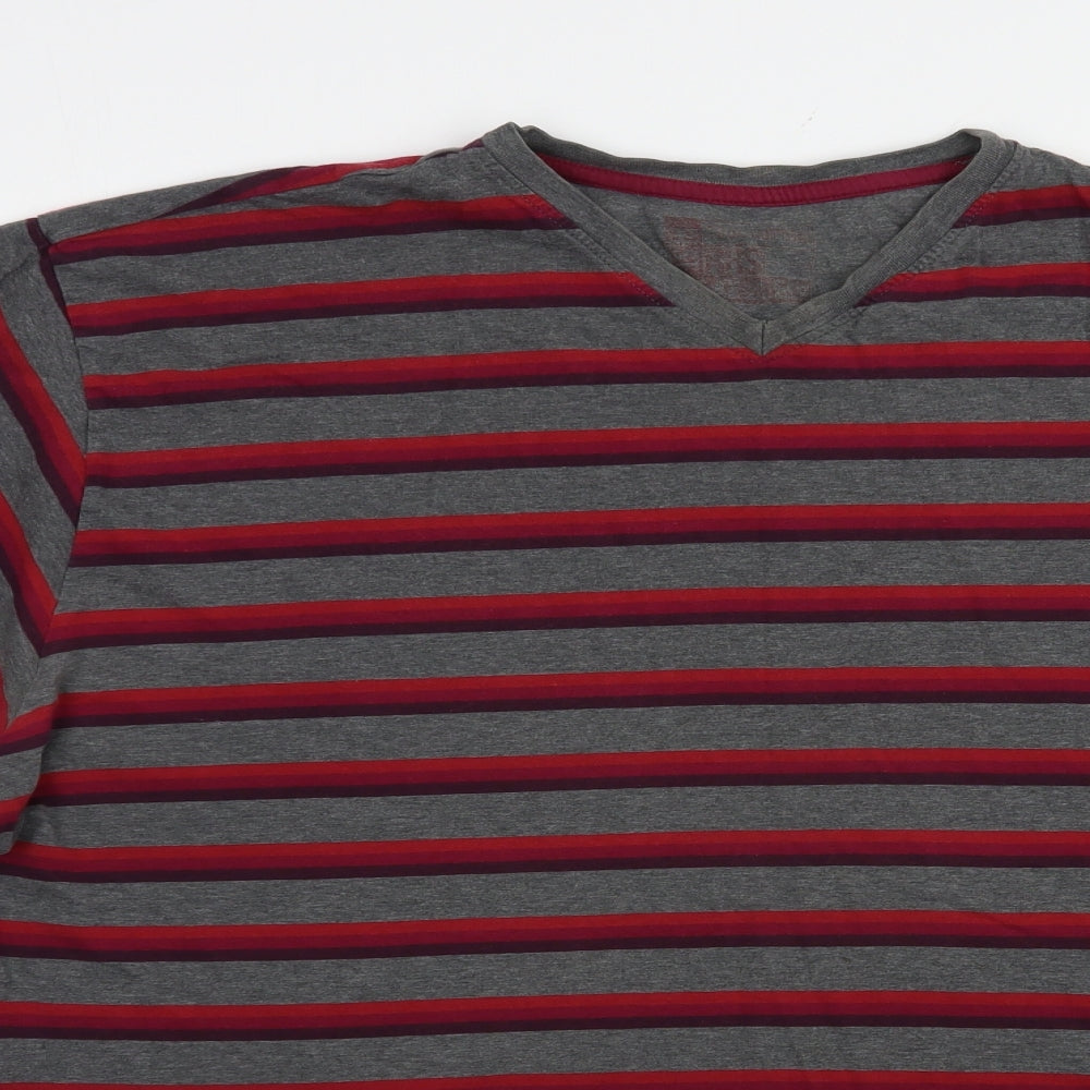 Marks and Spencer Mens Grey Striped Cotton  T-Shirt Size 2XL V-Neck
