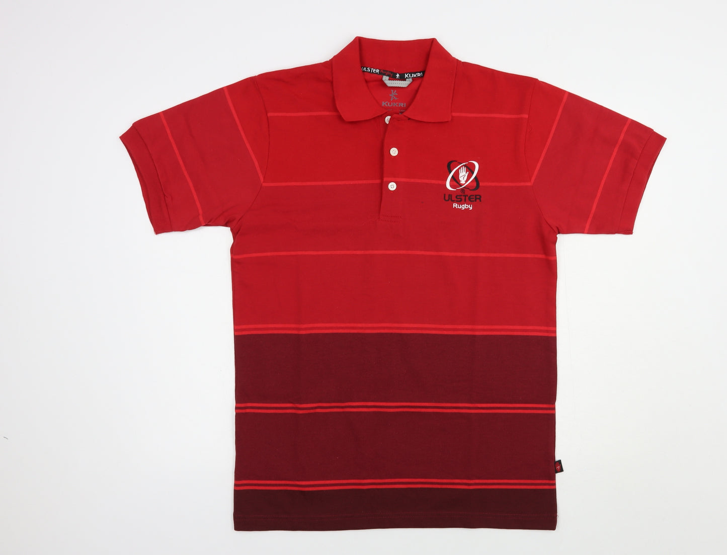 Kukri Mens Red Striped Polyester  Polo Size L Collared Button - Ulster Rugby