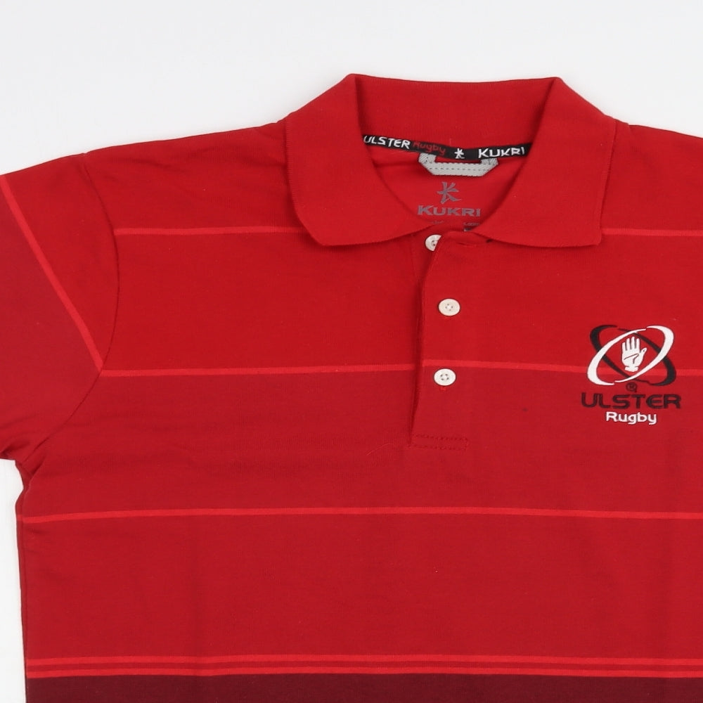 Kukri Mens Red Striped Polyester  Polo Size L Collared Button - Ulster Rugby