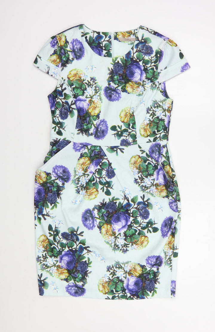 Darling Womens Blue Floral Polyester Pencil Dress  Size M  Scoop Neck Zip