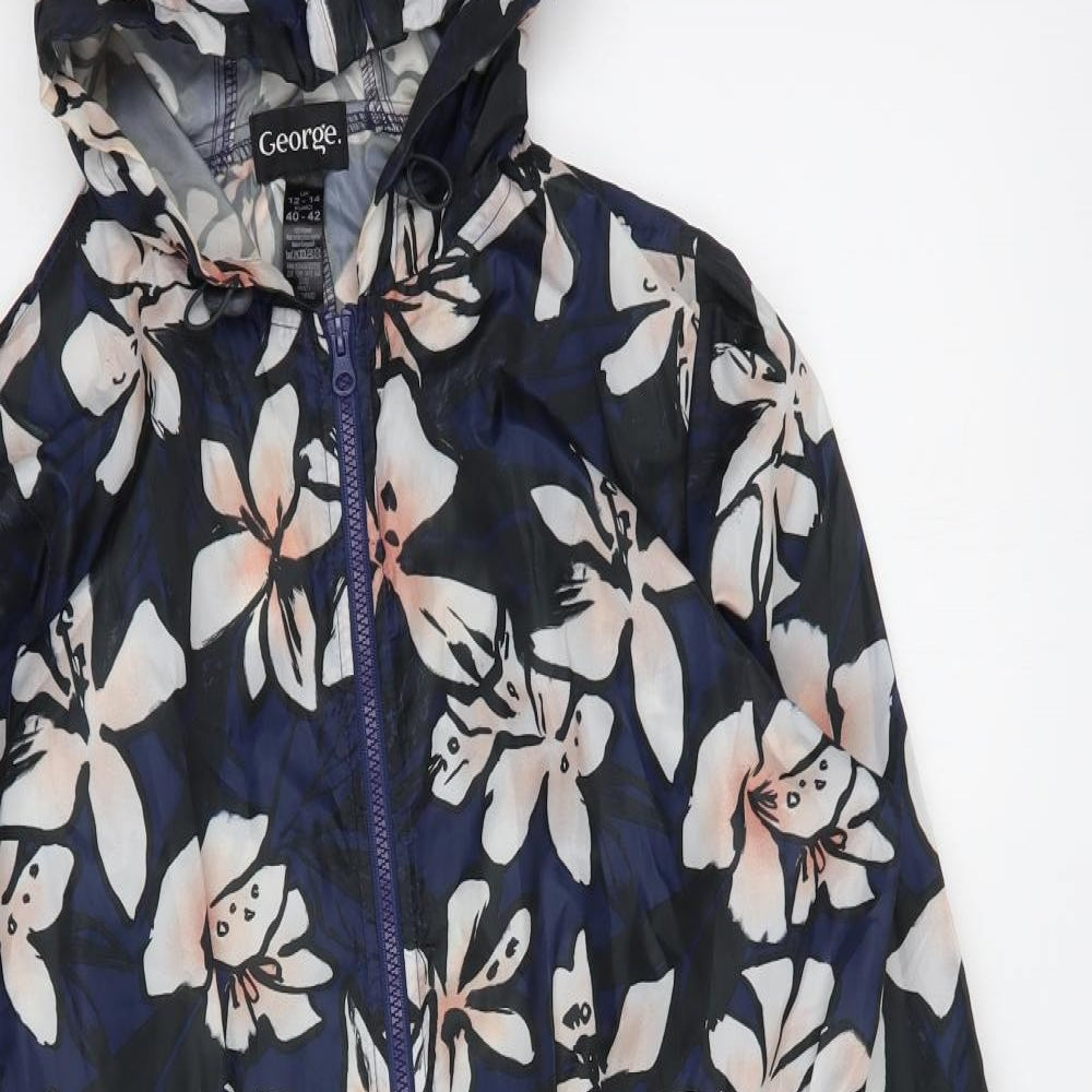 George Womens Blue Floral  Rain Coat Coat Size 12  Zip