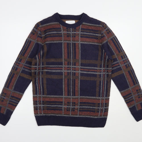The Idle Man Mens Blue Crew Neck Plaid Acrylic Pullover Jumper Size S