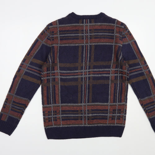 The Idle Man Mens Blue Crew Neck Plaid Acrylic Pullover Jumper Size S