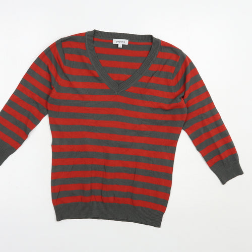 Papaya Womens Grey V-Neck Striped Acrylic Pullover Jumper Size 12