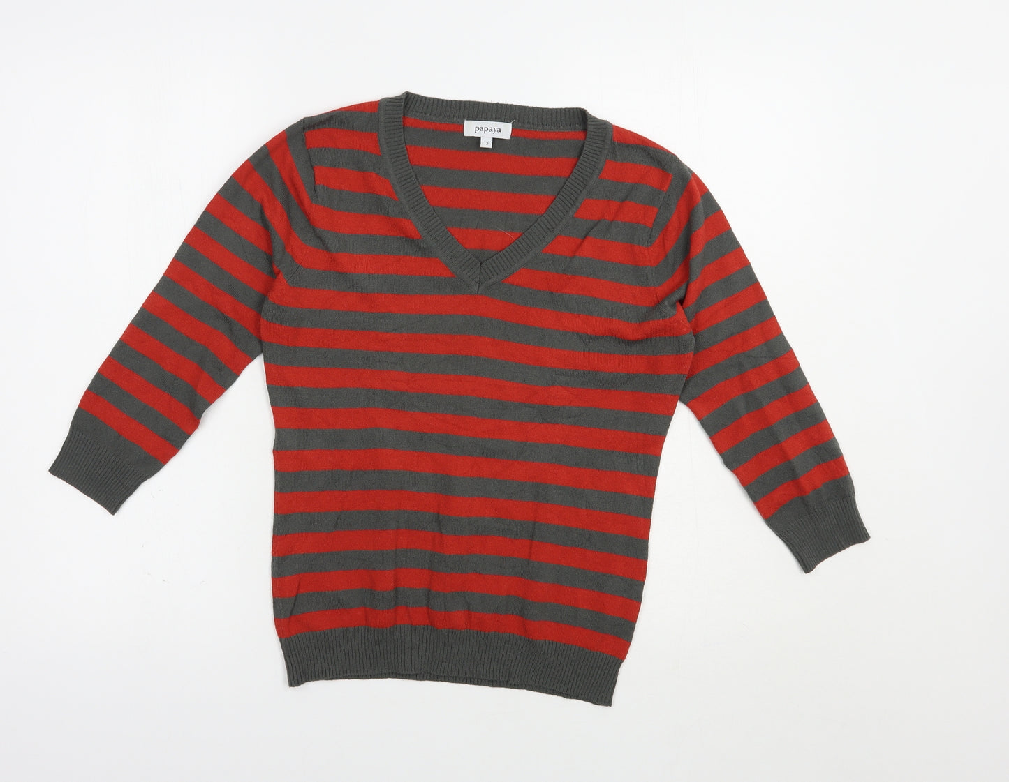 Papaya Womens Grey V-Neck Striped Acrylic Pullover Jumper Size 12