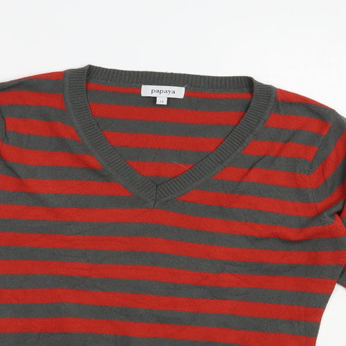 Papaya Womens Grey V-Neck Striped Acrylic Pullover Jumper Size 12