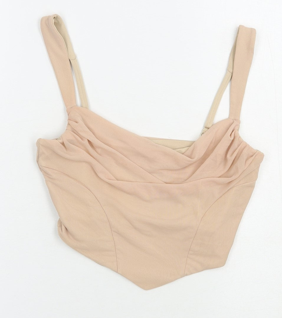 Oh Polly Womens Beige  Nylon Cropped Tank Size 12 Cowl Neck