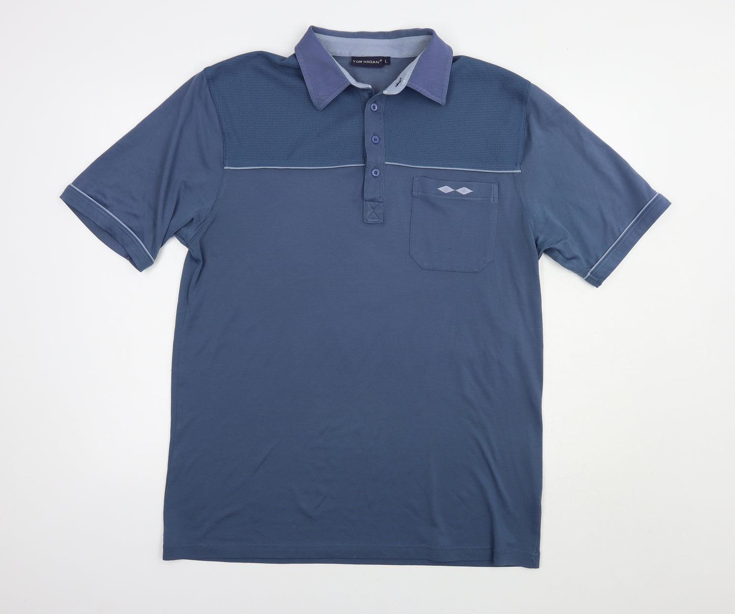 Tom Hagan Mens Blue  Polyester  Polo Size L Collared Button