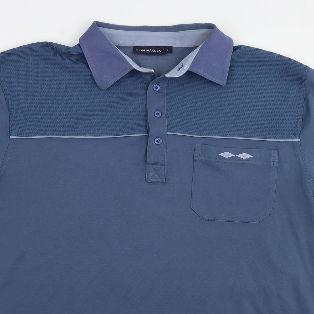 Tom Hagan Mens Blue  Polyester  Polo Size L Collared Button