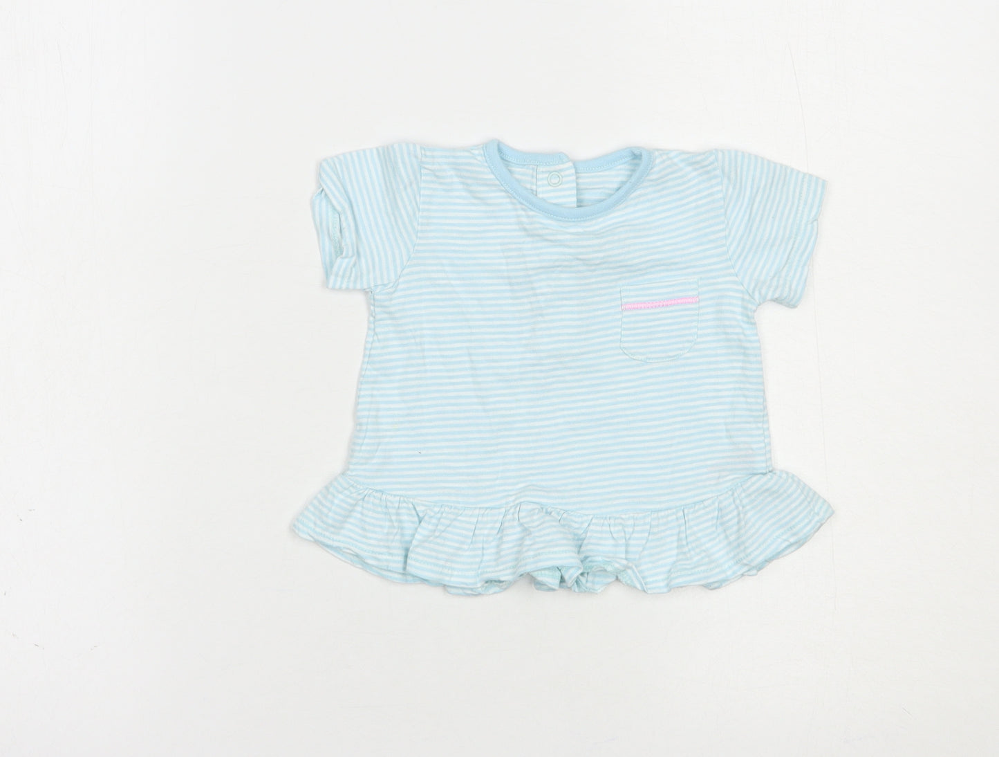 Dunnes Stores Baby Blue Striped Cotton Basic T-Shirt Size 3-6 Months Crew Neck Snap