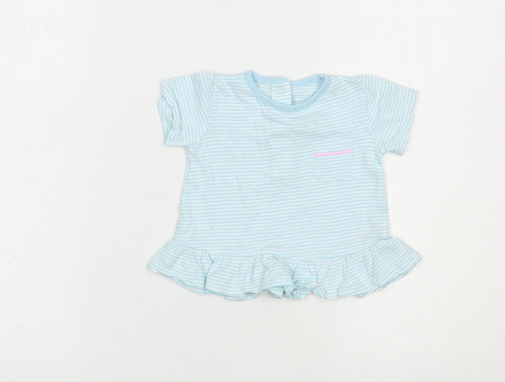 Dunnes Stores Baby Blue Striped Cotton Basic T-Shirt Size 3-6 Months Crew Neck Snap
