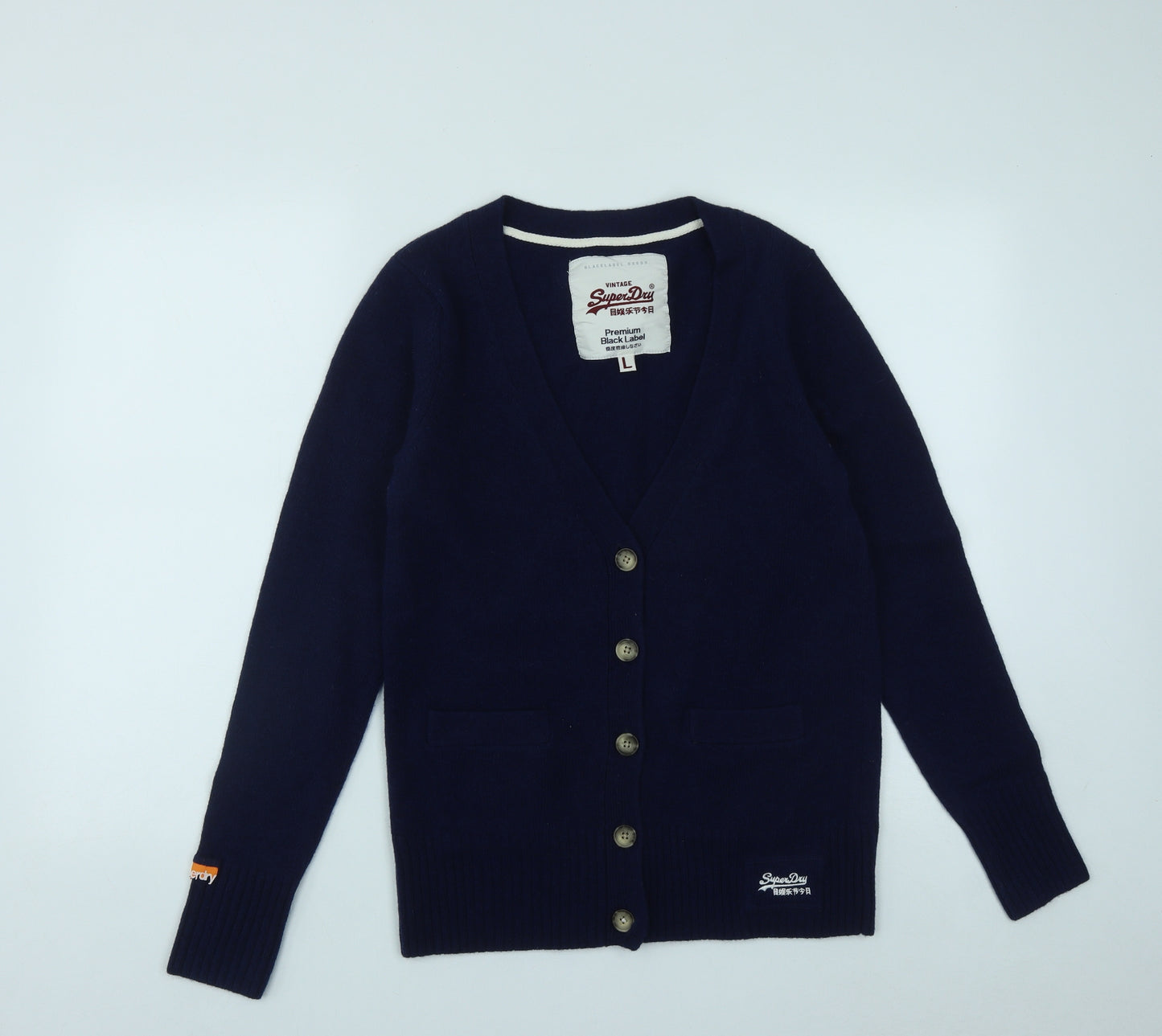 Superdry Womens Blue V-Neck  Wool Cardigan Jumper Size L