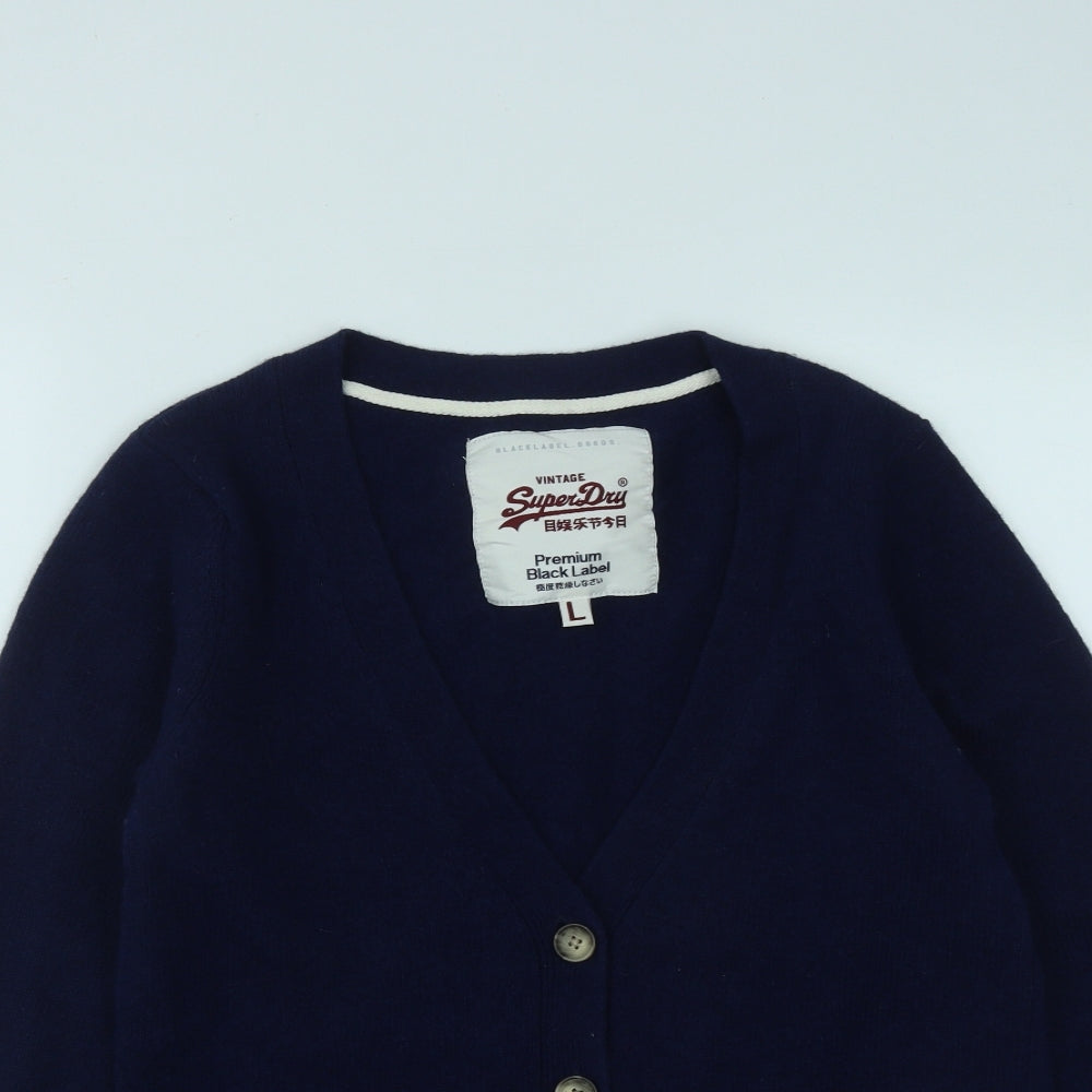 Superdry Womens Blue V-Neck  Wool Cardigan Jumper Size L