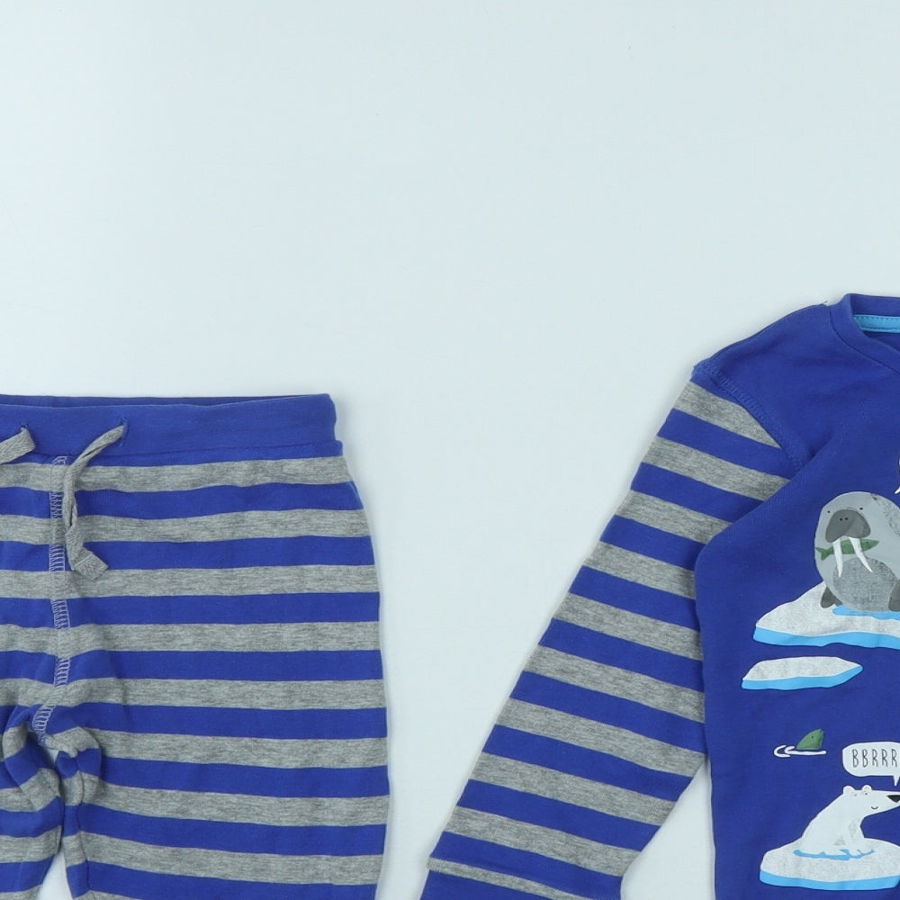 Marks and Spencer Boys Blue Striped Cotton  Pyjama Set Size 2-3 Years  Drawstring