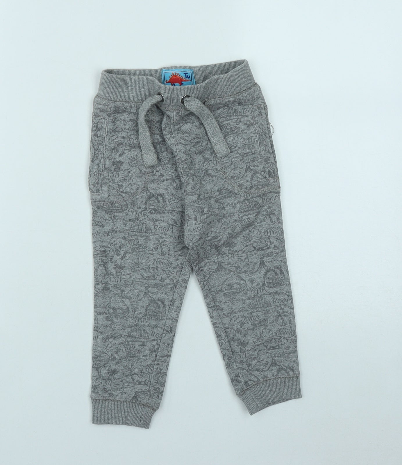 TU  Boys Grey Geometric Cotton Jogger Trousers Size 2 Years  Regular Drawstring - Dinasour Print