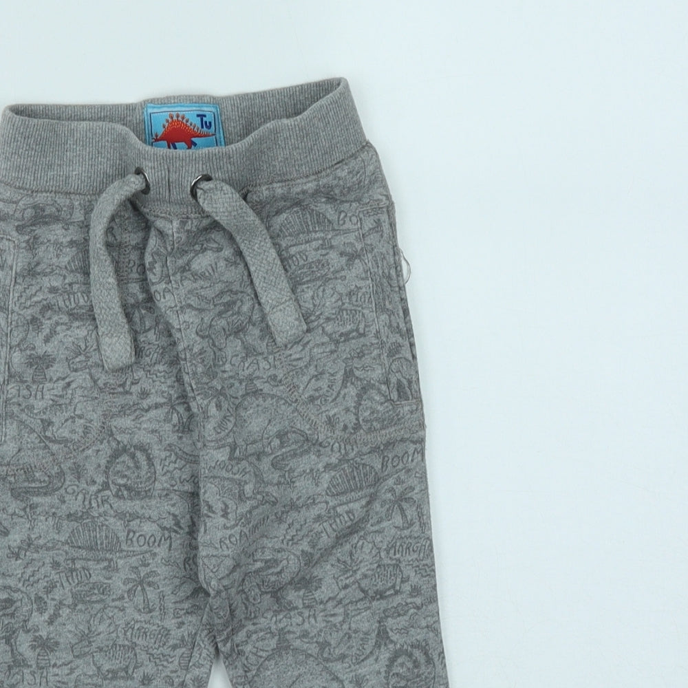 TU  Boys Grey Geometric Cotton Jogger Trousers Size 2 Years  Regular Drawstring - Dinasour Print