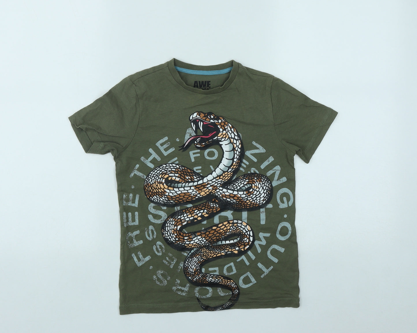 F&F  Boys Green  Cotton Basic T-Shirt Size 6-7 Years Round Neck  - Snake Print
