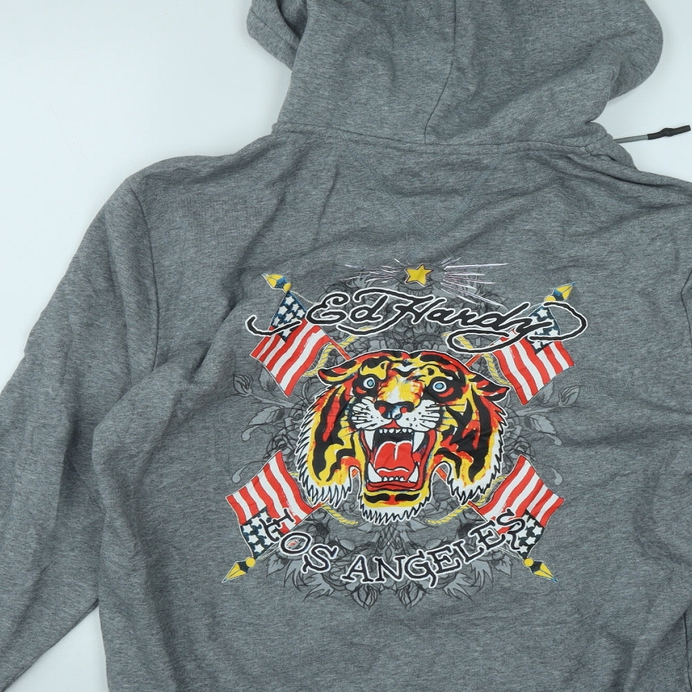 Ed Hardy Mens Grey  Cotton Pullover Hoodie Size XL